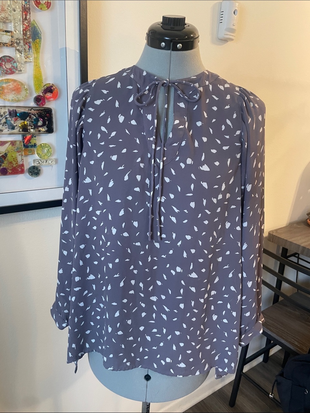LOFT Purple Dot-Print Tie-Neck Blouse